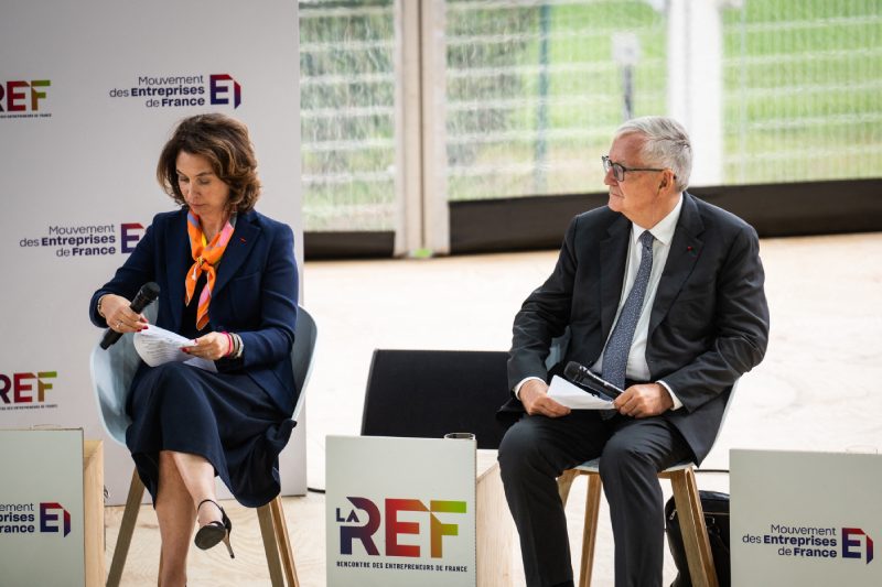 FRANCE, Paris, 2023-08-28. Photography by Xose Bouzas / Hans Lucas. Fifth edition of the France 2023 entrepreneurs meeting LA REF, an event organized by the french business confederation, MEDEF, at the Longchamp racecourse. From left to right, Estelle Brachlianoff, CEO of Veolia, Patrick Artus, professor at the Paris School of Economics, economic advisor to Natixis.
FRANCE, Paris, 2023-08-28. Photographie par Xose Bouzas / Hans Lucas. Cinquieme edition de la rencontre des entrepreneurs de France 2023 LA REF, evenement organise par le Mouvement des entreprises de France (MEDEF), a l Hippodrome Longchamp. De gauche a droite, Estelle Brachlianoff, directrice generale de Veolia, Patrick Artus, professeur a Paris School of Economics, conseiller economique de Natixis. (Photo by Xose Bouzas / Hans Lucas via AFP)